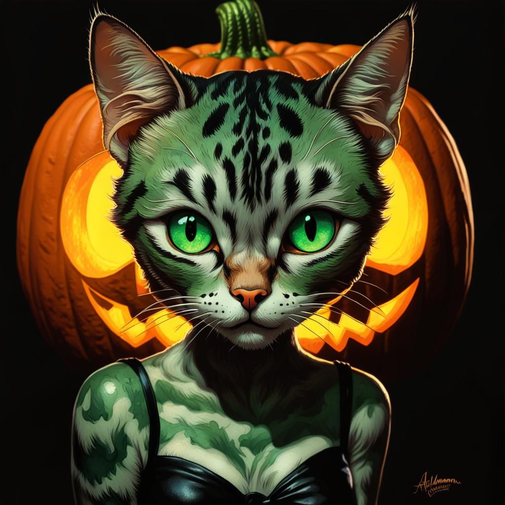 Halloween Chibi Cat Girl in Maximalist Portrait