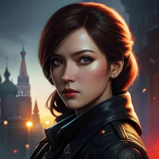 Hyperrealistic Female Spy in Moscow Splash Art