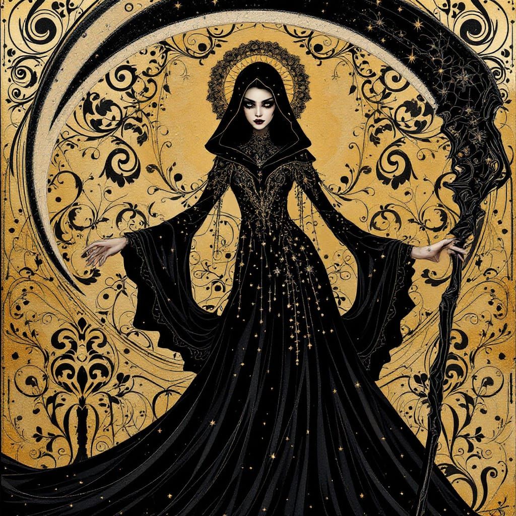 La Parca with Scythe in Klimt-Inspired Art Nouveau Style