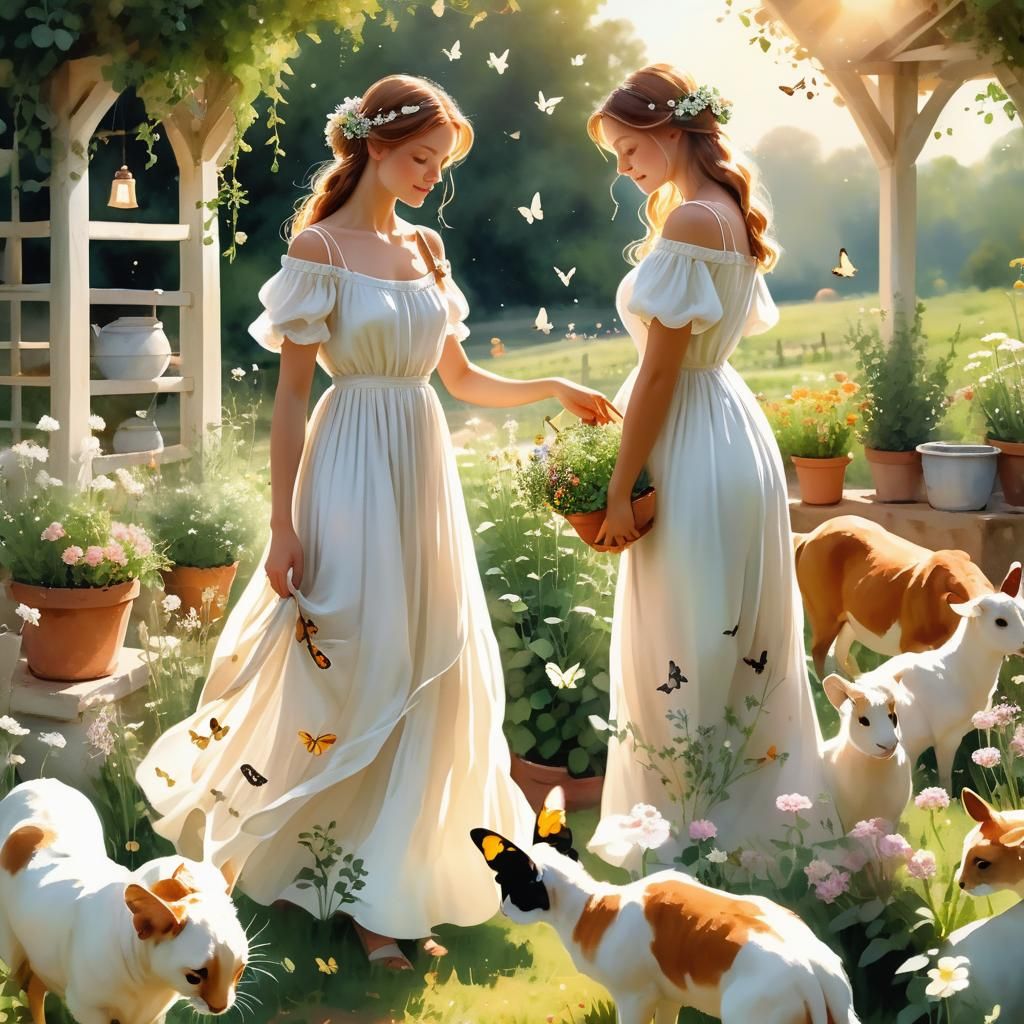 Whimsical Farm Goddess in Soft Watercolor