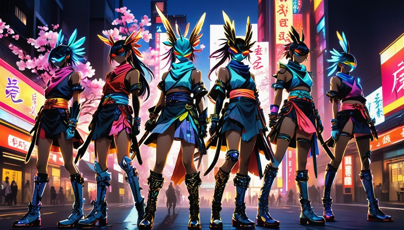 Cyberpunk Anime Phoenix Warriors with Neon Lights