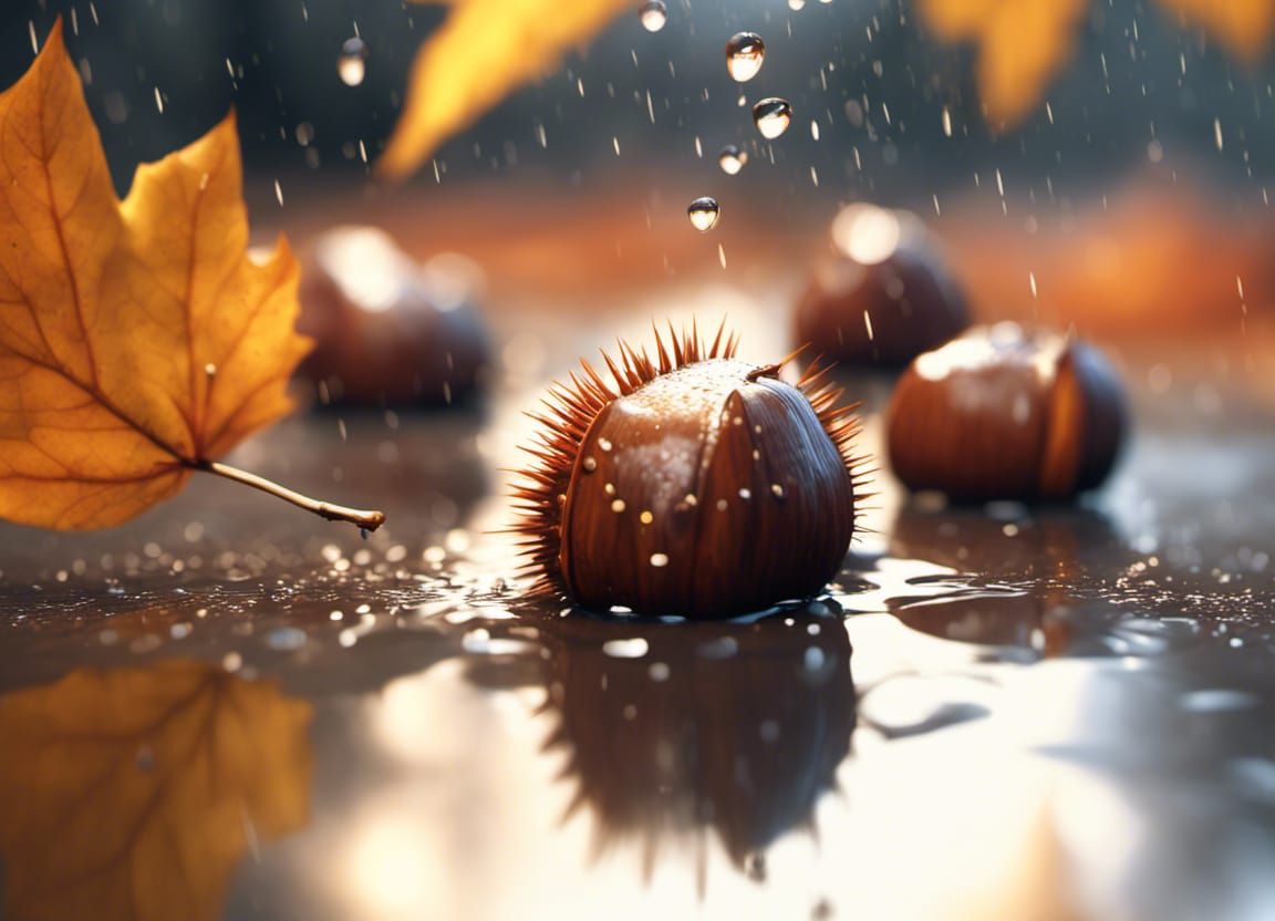 Wet chestnuts in a puddle 1