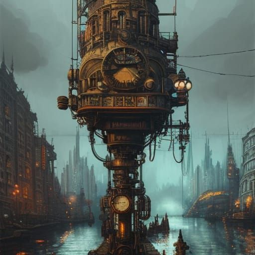 Chromed Steampunk River City in Petrolpunk Style