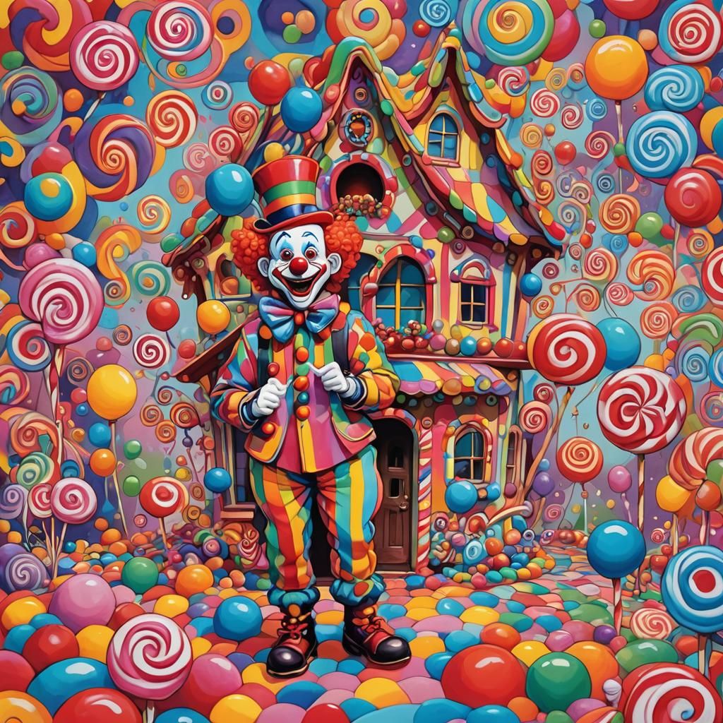 Clown in Candy House: Gouache Candyland Wonderland