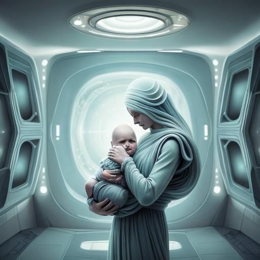 Alien Cradles Human Baby in Spaceship Nursery