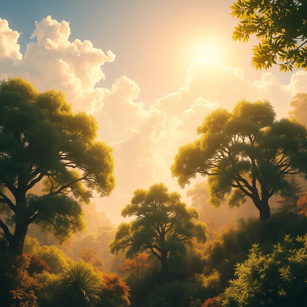 Surreal Whimsical Forest Bathed in Golden Light