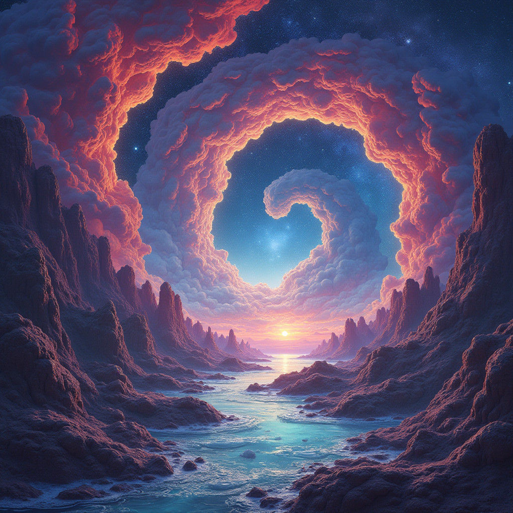 Holographic Cosmic Scene in Surreal Mixed Media Style