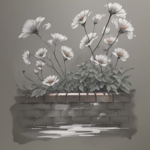 Ink Wash Painting of Brick Wall with Wildflowers