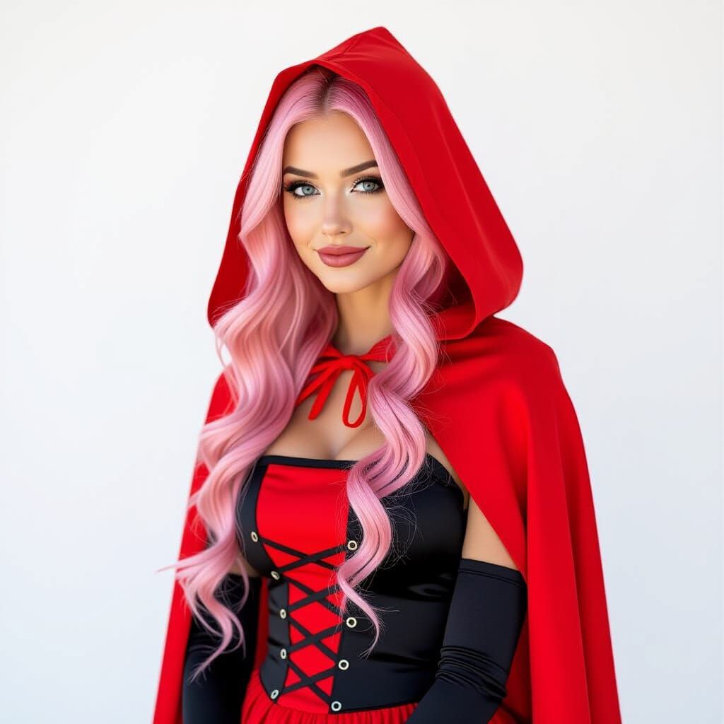 Pink Haired Woman in Red Riding Hood Halloween Costume