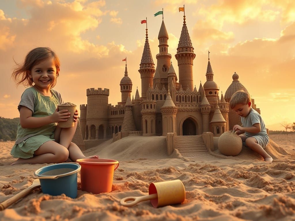 Childhood Wonder: Sandcastle Builders at Golden Hour