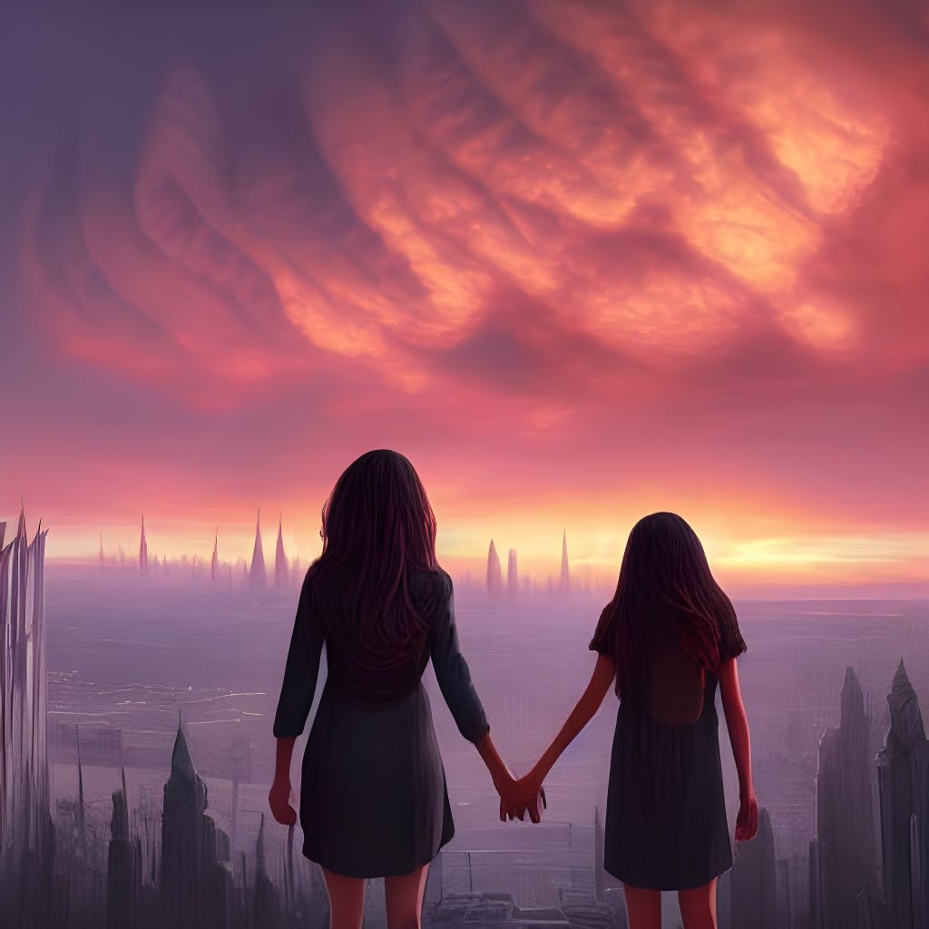Sisters Watch Burning City at Sunset