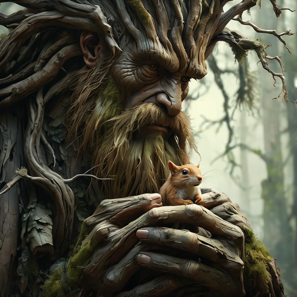 Forest Giant and Squirrel Portrait, Whimsical Art