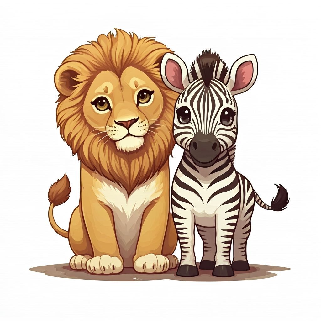 Kawaii Lioness and Zebra Friendship Illustration