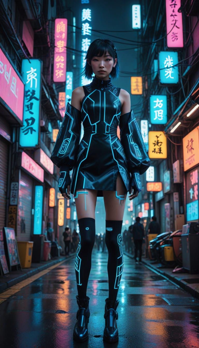 Glowing Cyberpunk Goddess in Electric Blue