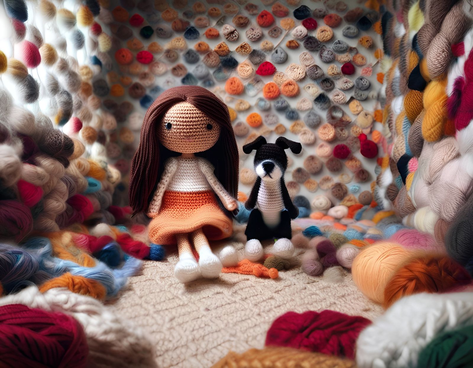 Crocheted Girl and Dog in Yarn Room