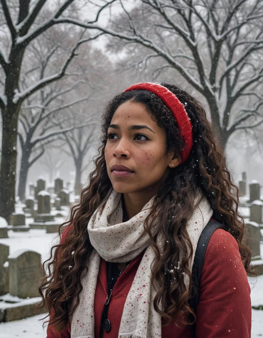Somber Portrait in Snowy Cemetery