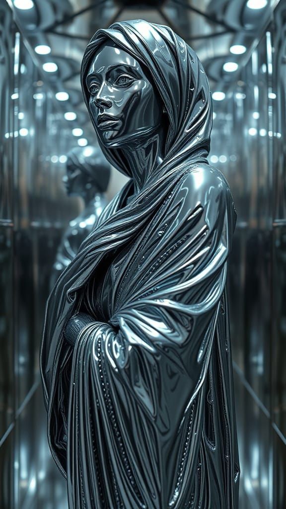 Hyperrealistic Chrome Goddess Sculpture in Mise en Abyme