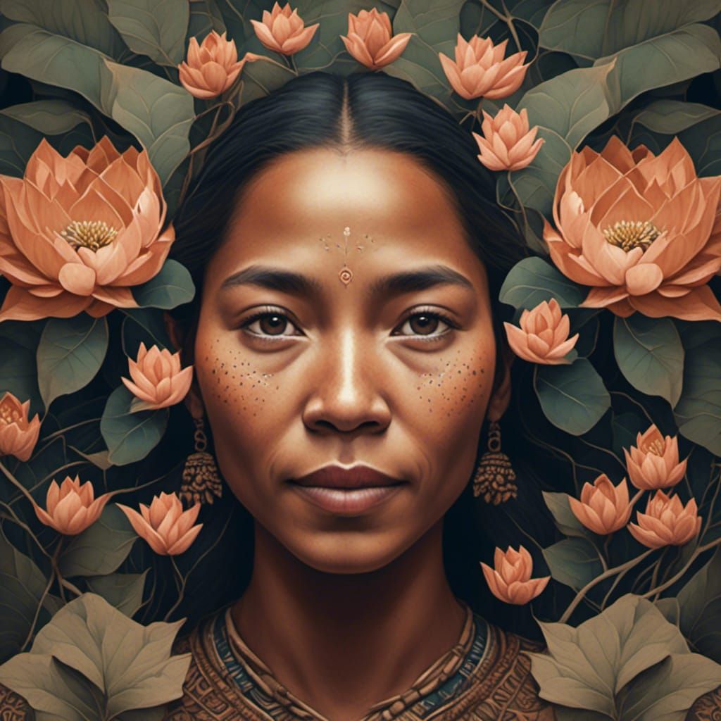 <lora:Floral Dreams:1.0>  portrait of a tan skin native woma...