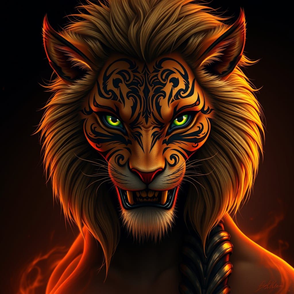 Golden Regal Demonic Lioness with Tribal Tattoos