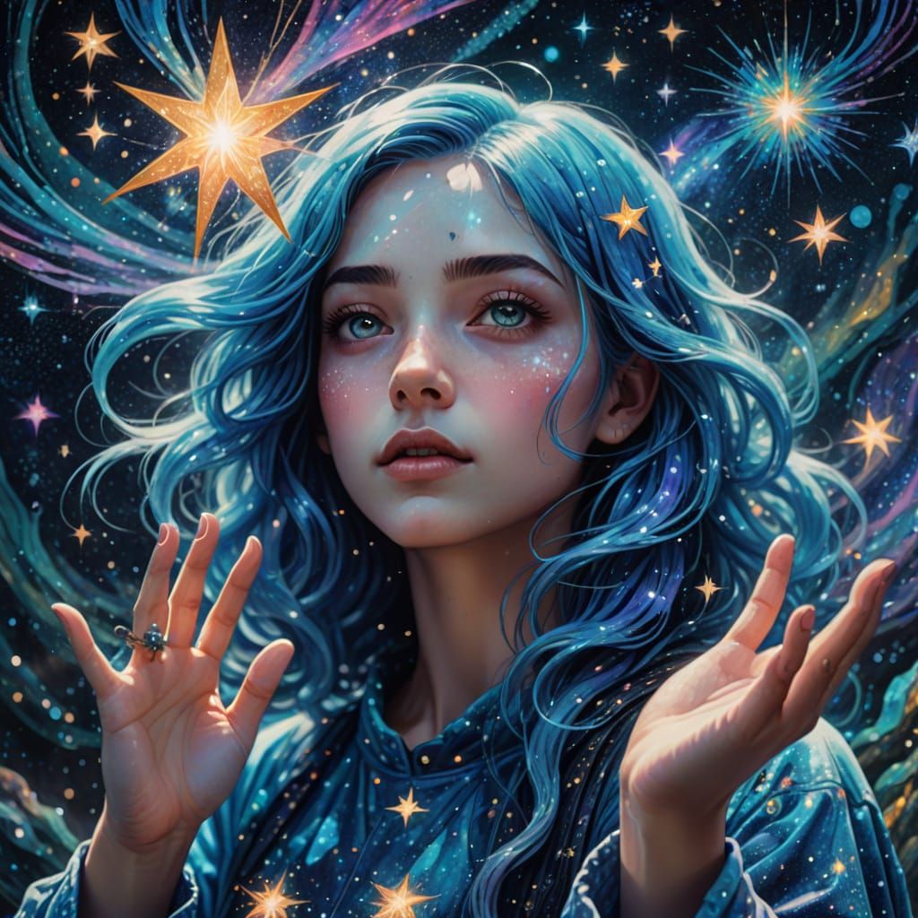 Blue-Haired Girl Reaching for a Star in Cosmic Illustration