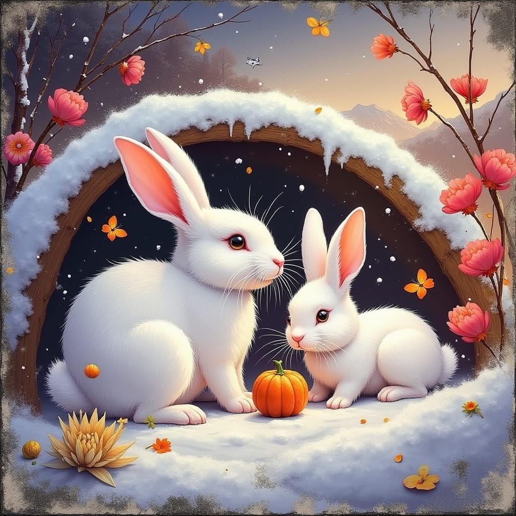 Whimsical Family of White Rabbits in Snowy Swiss Den