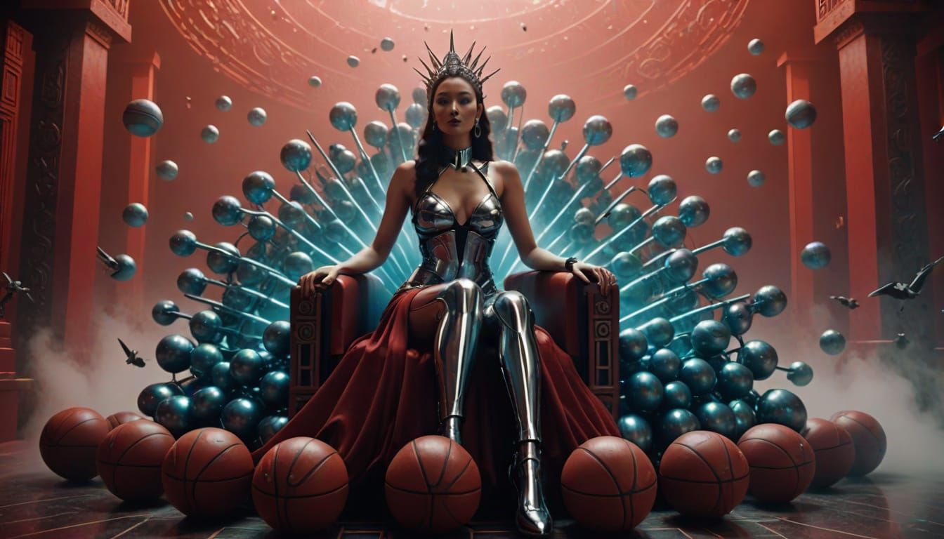 Chrome Goddess on Basketball Throne in Futuristic Temple