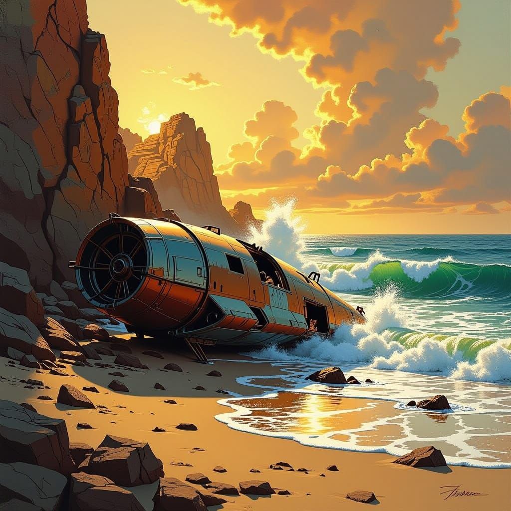 Spaceship Crash on Rocky Shore as Oil Painting
