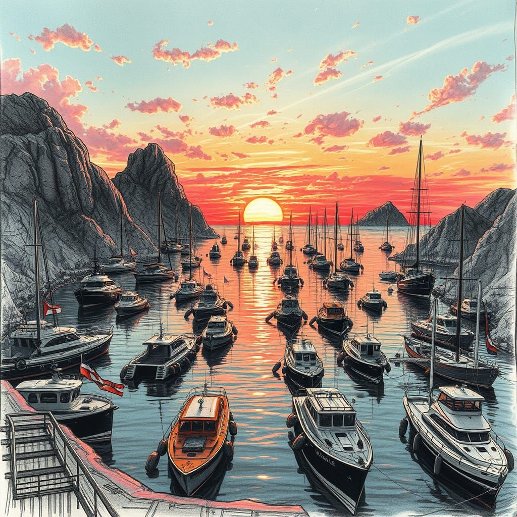 Surreal Harbor Scene Under a Futuristic Sunset