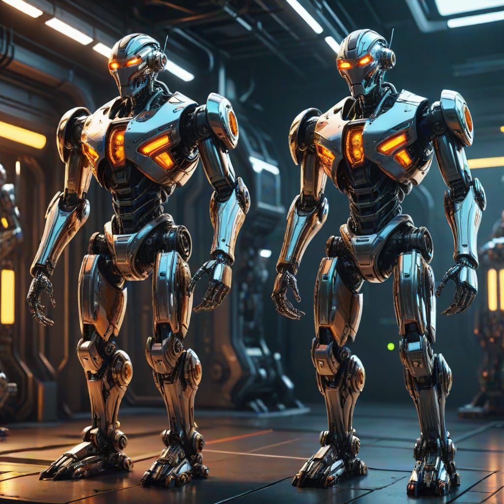 Two Gleaming Robots in Vibrant Sci-Fi Concept Art