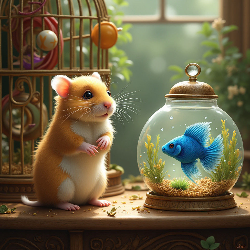 Whimsical Hamster and Fish Still Life