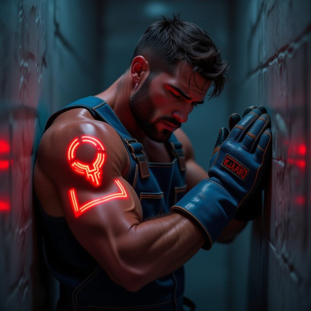 Distraught Man with Techno Tattoos in Photorealistic Style