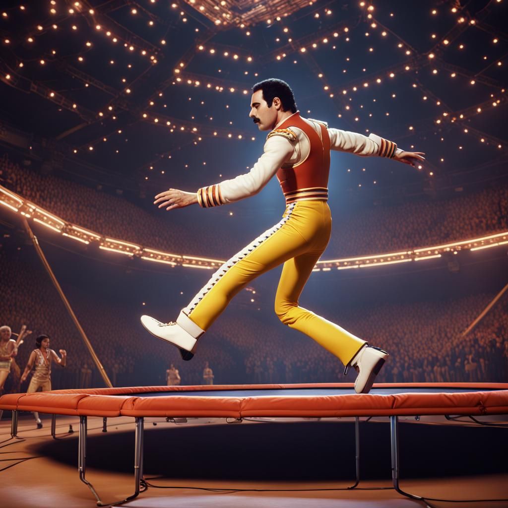 Freddie Mercury on Trampoline in 1970s Style