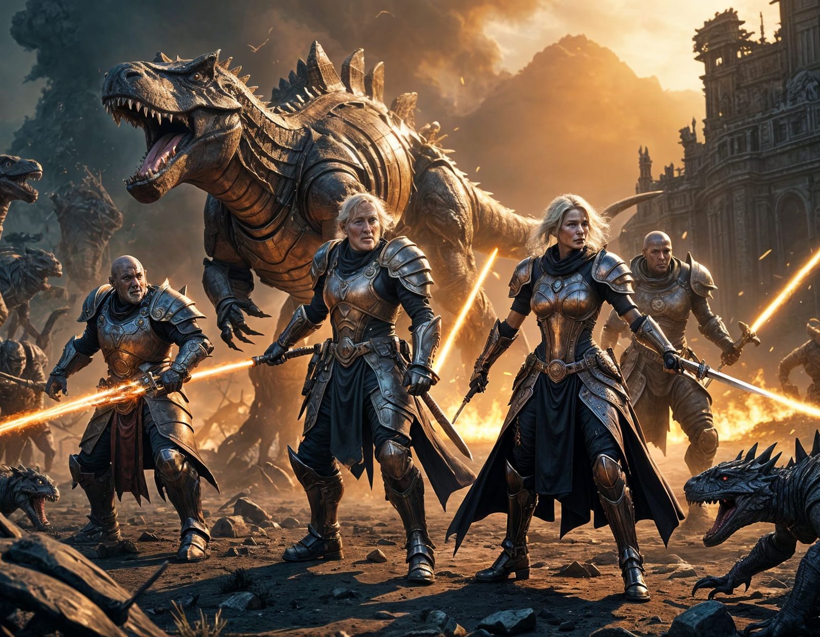 Armored Seniors Battle Robot Dinosaurs in Wasteland