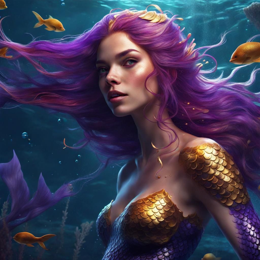 Purple and Gold Mermaid in the Deep Sea
