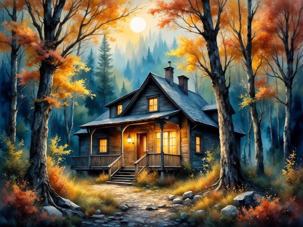 Cozy Autumn Cabin in Impasto Oil Painting Style