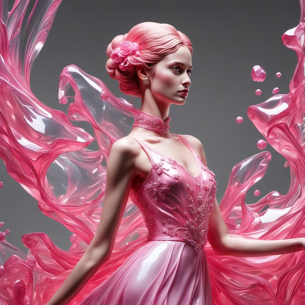 Una hermosa escultura delicada de cristal de una mujer, con un vestido largo en color rosa chicle, brillante, fondo blan...