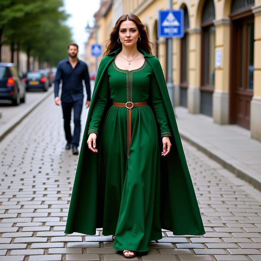 Woman in Green Celtic Dress on City Street