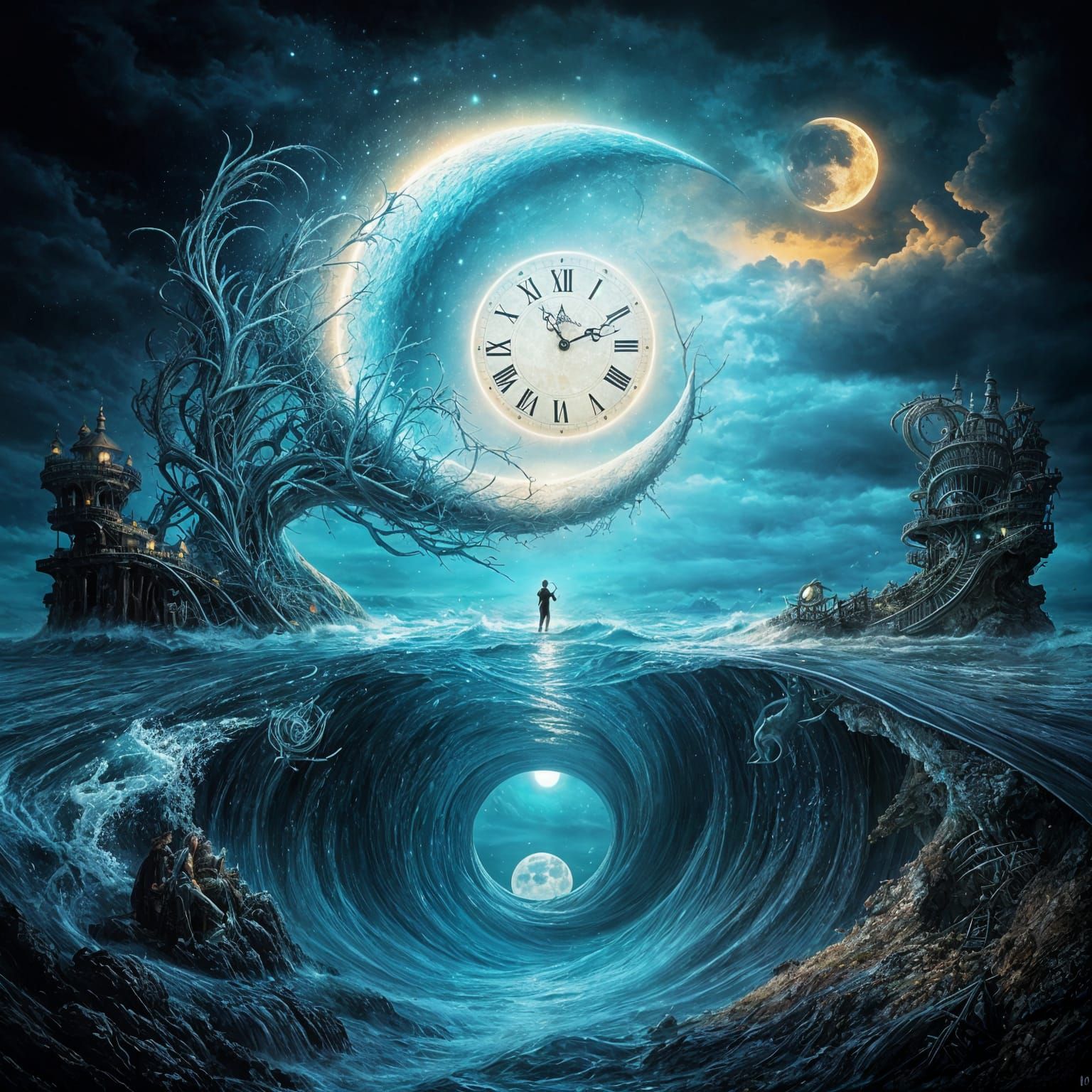 Surreal Clock Crumbles into Sand at Midnight