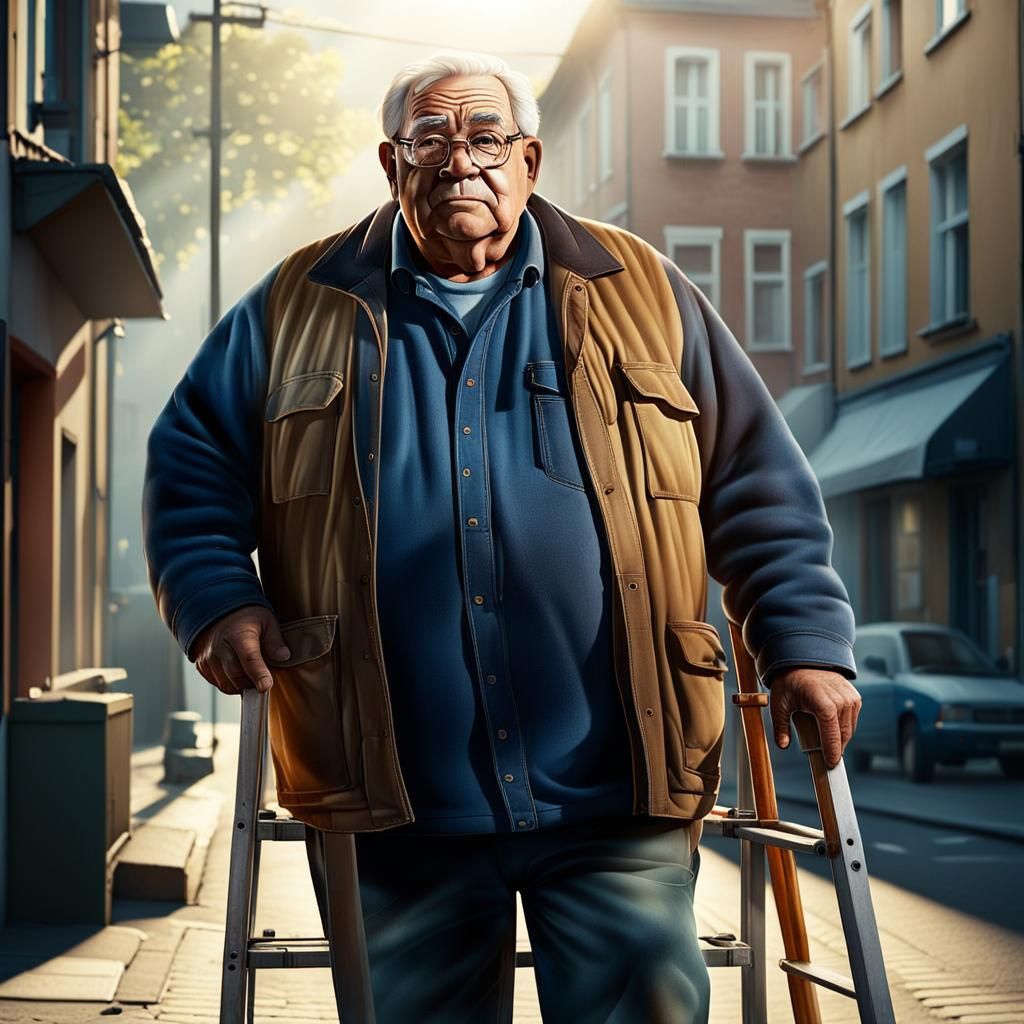 Electrician on Ladder in Urban Street Scene