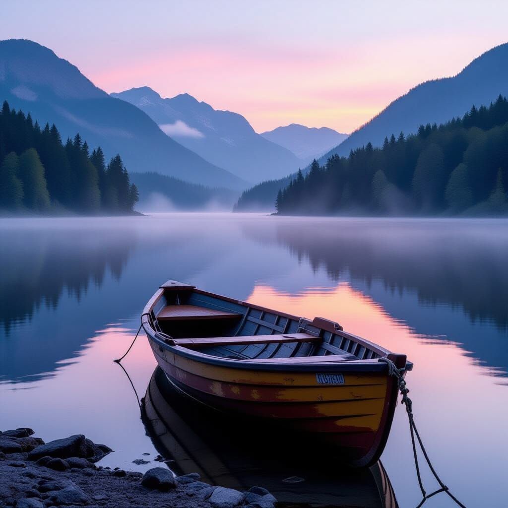 Lone Rowboat on Serene Mountain Lake at Dawn