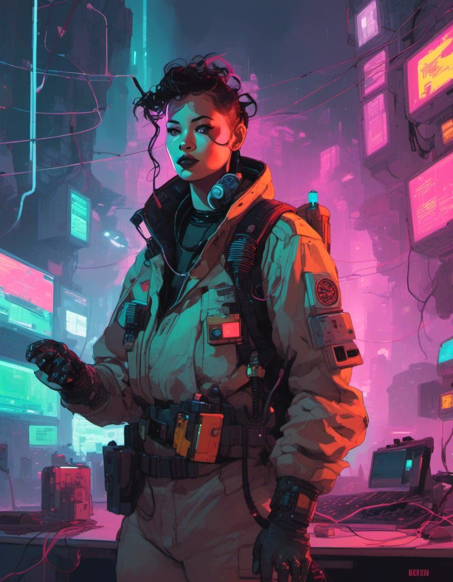 Cyberpunk Ghostbuster on Smoke Break in Synthwave Palette