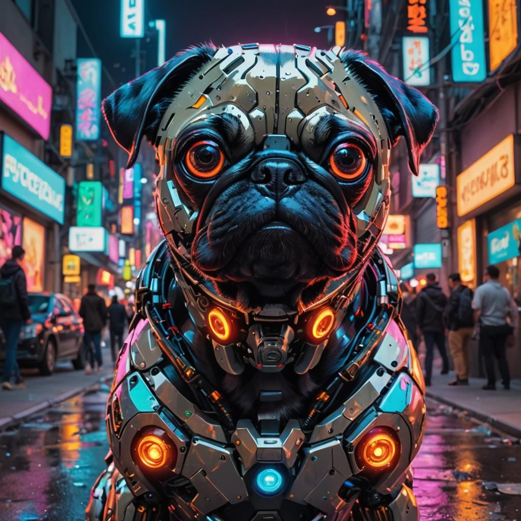 Cyborg Pug in Futuristic Cyberpunk Scene