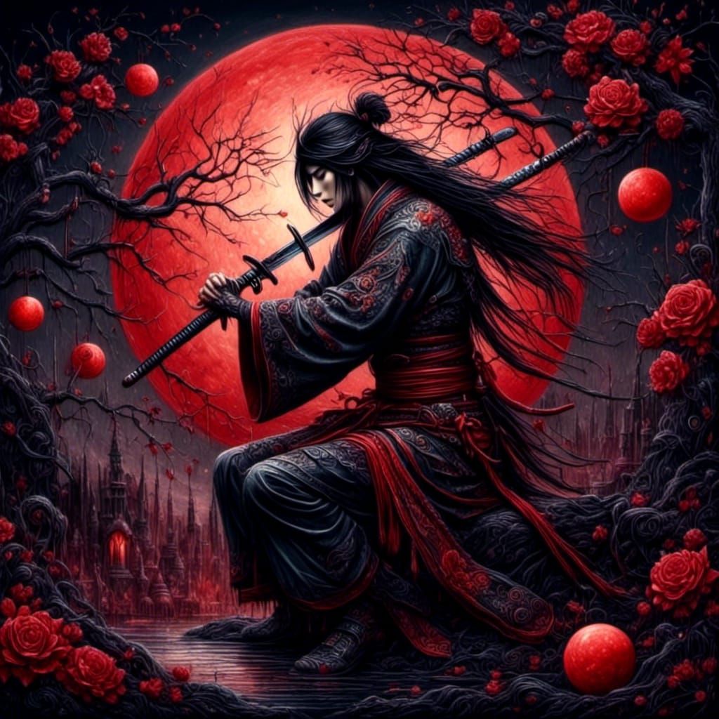 Samurai with Sword Under Red Moon