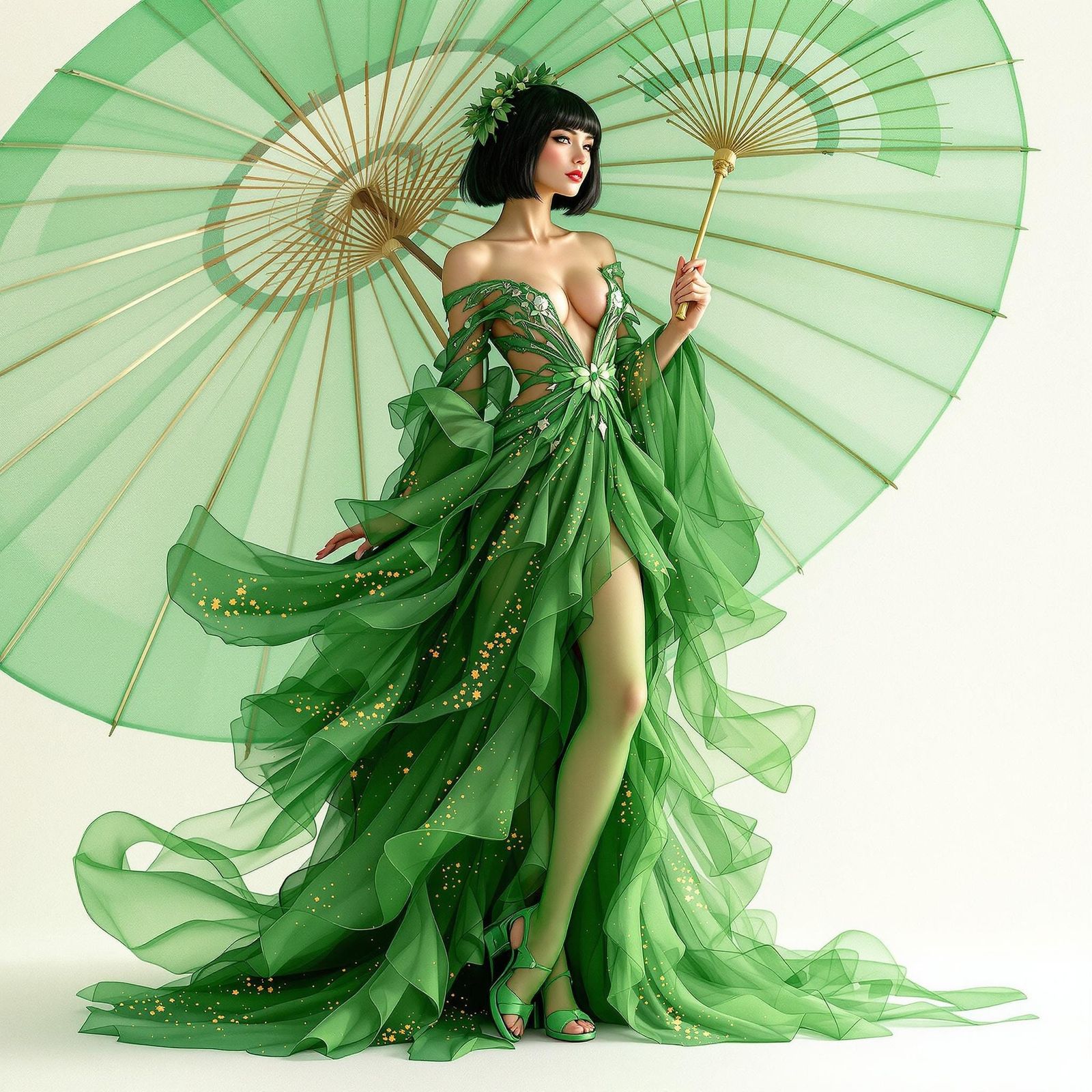 Ethereal Beauty in Vibrant Green, Inspired by Mucha and Aman...