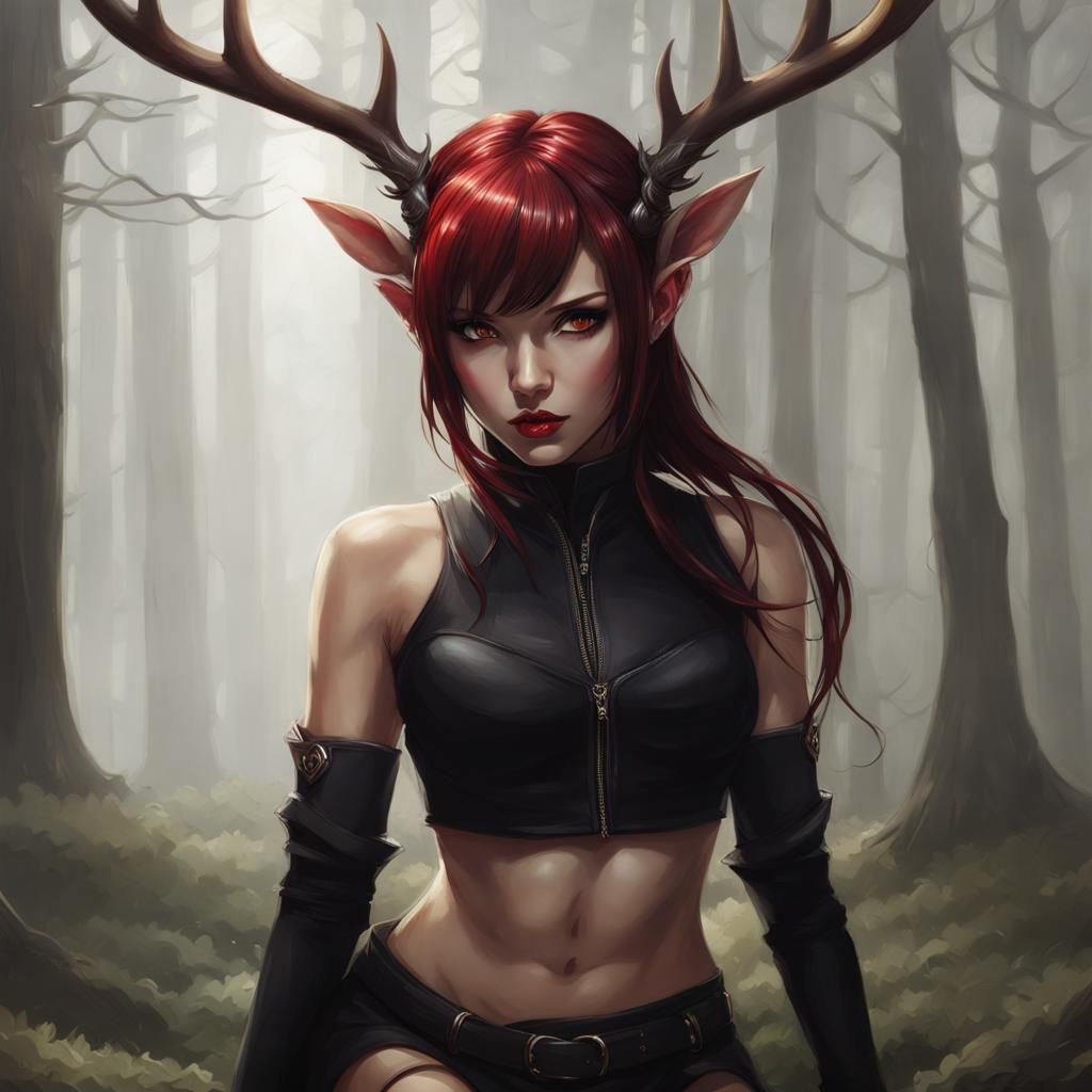 Demonic Beauty with Antlers and Red Eyes