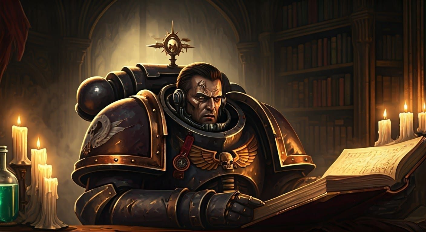 Space Marine Apothecary Reading in Ethereal Library