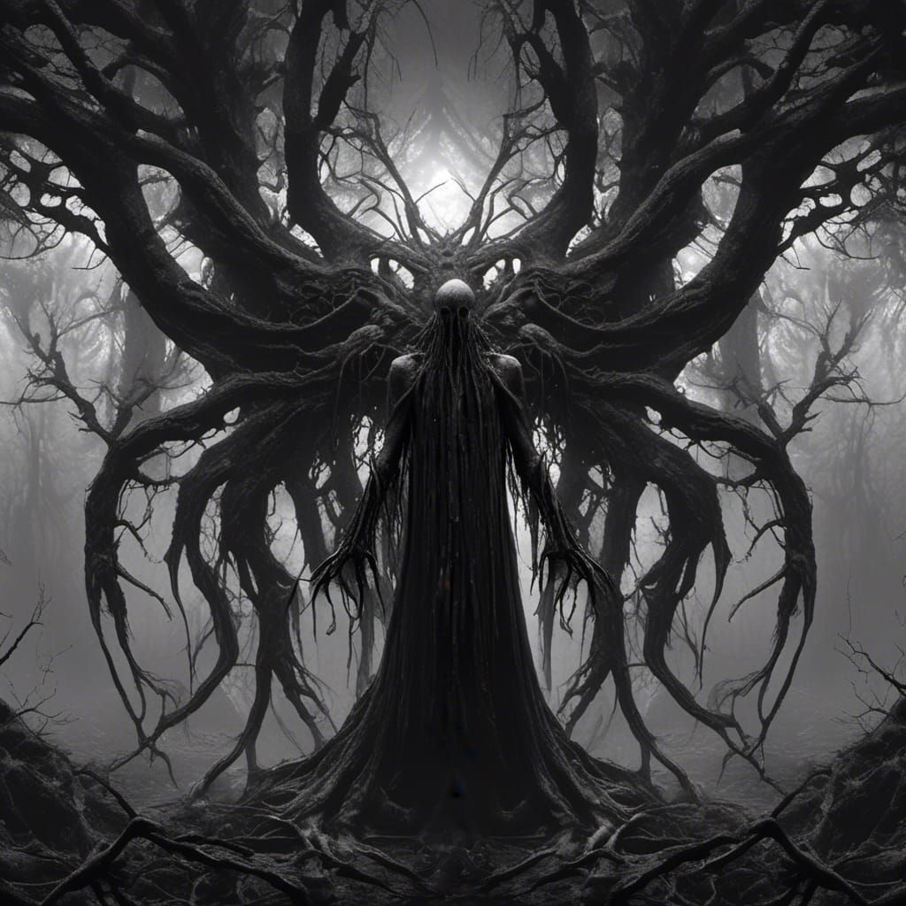 Horrifying Lovecraftian Slenderman in Dark Forest