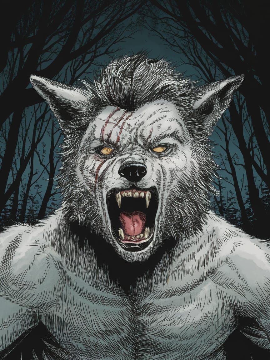 Tormented Anime Werewolf in Dark Forest