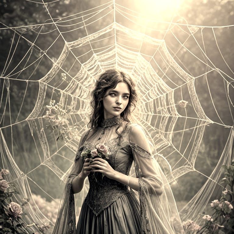 Spider Weaves Rose Image in Lacy Web