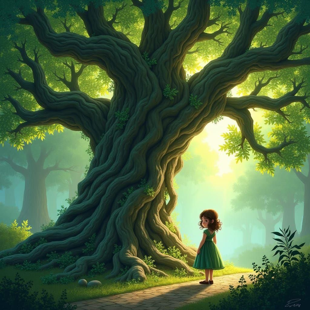 Girl in Awe of Emerald Oak Tree